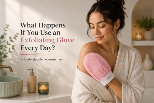 Woman looking at irritated dry skin after overusing an exfoliating glove during daily shower routine