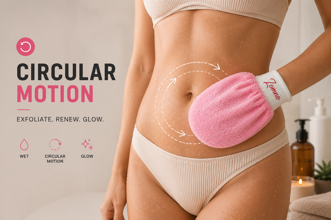 correct circular motion technique using exfoliating glove for smooth skin