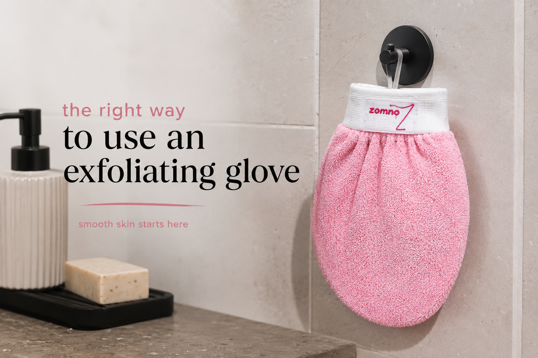 Zomno exfoliating glove for smoother skin and ingrown hair prevention in a modern bathroom setting.