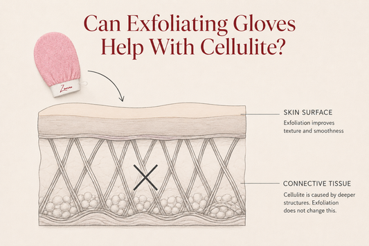 A simple two‑layer illustration on cream paper: top layer labeled "skin surface" with a smooth texture, bottom layer labeled "connective tissue" with criss‑crossing fibrous bands, a small Zomno™ glove icon pointing to the surface layer only