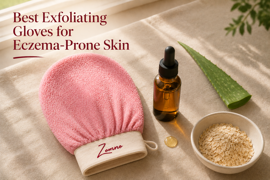 A Zomno™ exfoliating glove folded on a plain linen cloth next to a small amber glass dropper bottle with a single drop of oil on the surface, an aloe leaf and a white ceramic bowl of uncooked oats nearby, warm morning light from a window