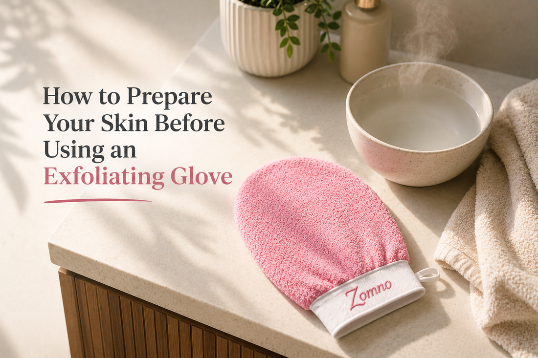 Zomno exfoliating glove on a bathroom counter next to a small bowl of warm water and a soft towel
