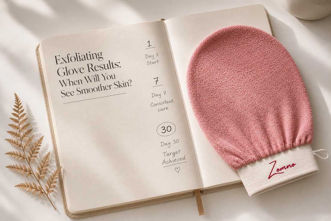 Zomno™ exfoliating glove lying open on a plain linen journal with hand‑written numbers 1, 7, 30 on the page, a single dried fern leaf beside it, soft morning light
