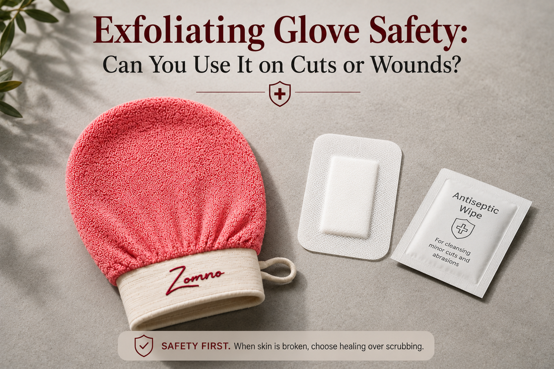 A Zomno™ exfoliating glove lying next to a folded white adhesive bandage and a small antiseptic wipe on a clean grey surface, soft natural light, minimalist and clinical