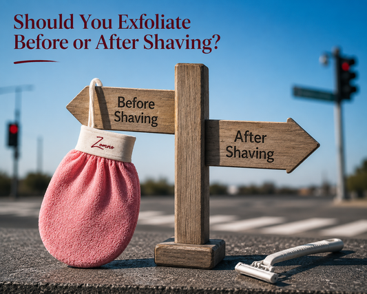 A Zomno™ exfoliating glove is hooked over the left arrow, while a simple white razor lies on a stone surface near the right arrow