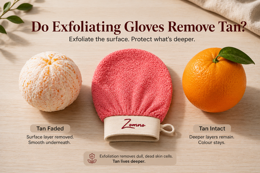 A Zomno™ exfoliating glove lying next to a peeled orange and an unpeeled orange on a simple wooden board, soft window light, no bathroom setting