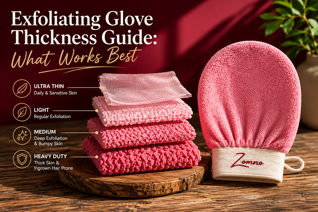 A small stack of four different fabric squares cut from exfoliating gloves, ranging from a thin translucent layer at the top to a dense thick knit at the bottom