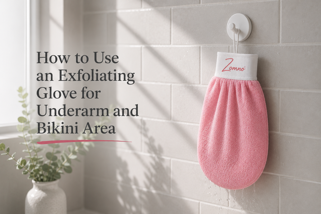 Zomno™ exfoliating glove hanging from a simple white hook on a pale grey tile wall, soft natural light from a window reflecting on the wet tile