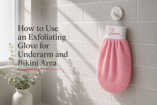 Zomno™ exfoliating glove hanging from a simple white hook on a pale grey tile wall, soft natural light from a window reflecting on the wet tile
